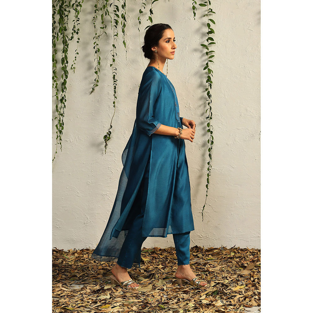 Charkhee Teal Chanderi Flowy Kurta with Pants and Dupatta (Set of 3)