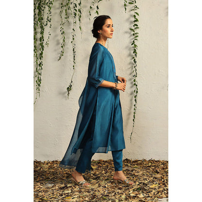 Charkhee Teal Chanderi Flowy Kurta with Pants and Dupatta (Set of 3)