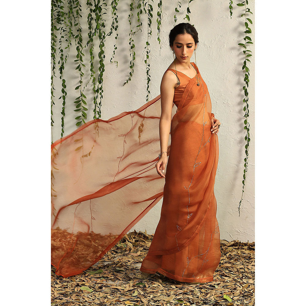 Charkhee Spice Orange Organza Naskhi Saree with Stitched Blouse