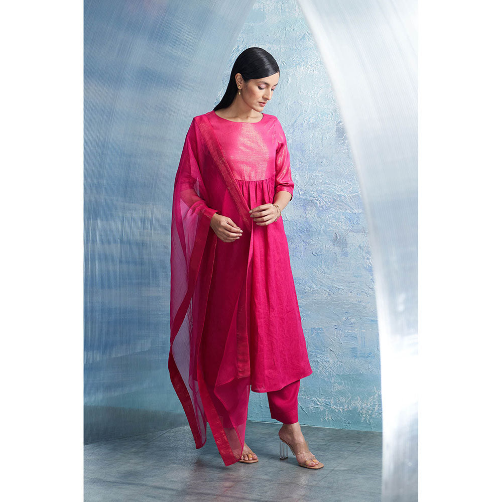 Charkhee Aura Fuchsia Pink Round Yoke Kurta with Palazzo and Dupatta (Set of 3)