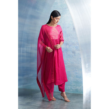Charkhee Aura Fuchsia Pink Round Yoke Kurta with Palazzo and Dupatta (Set of 3)