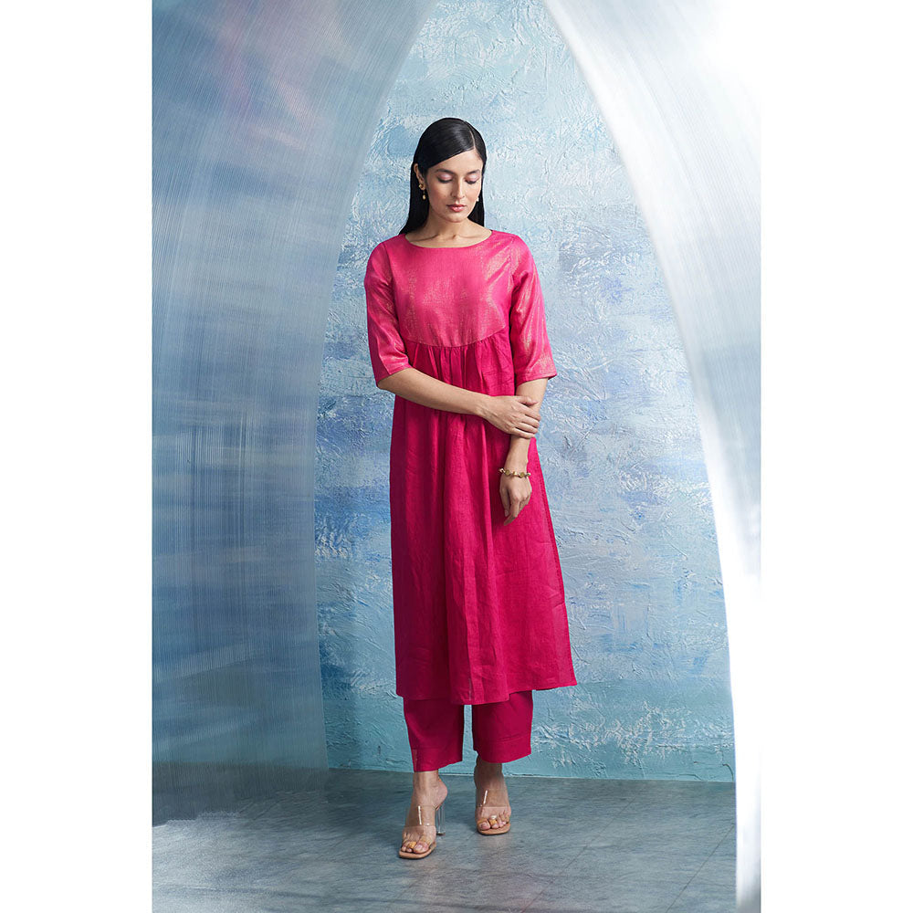 Charkhee Aura Fuchsia Pink Round Yoke Kurta with Palazzo and Dupatta (Set of 3)