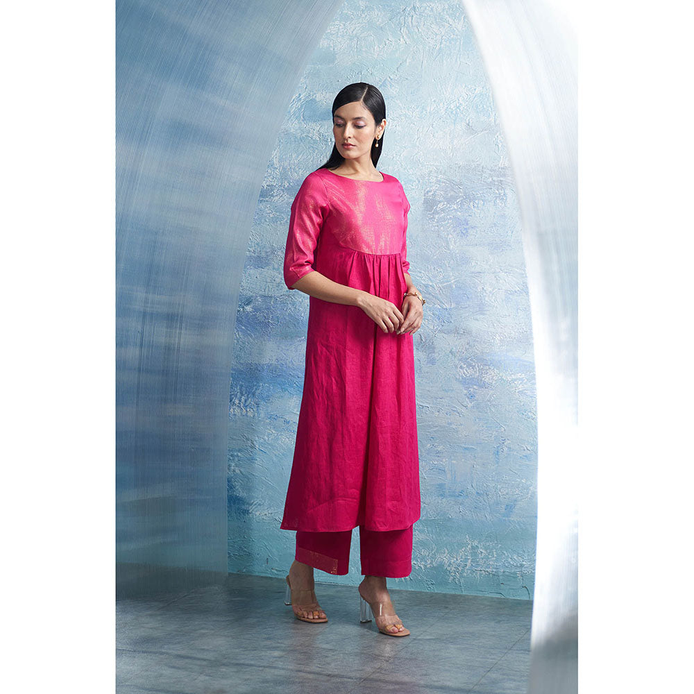 Charkhee Aura Fuchsia Pink Round Yoke Kurta with Palazzo and Dupatta (Set of 3)