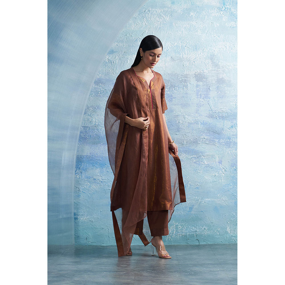 Charkhee Woody Brown A-Line Kurta with Palazzo and Dupatta (Set of 3)