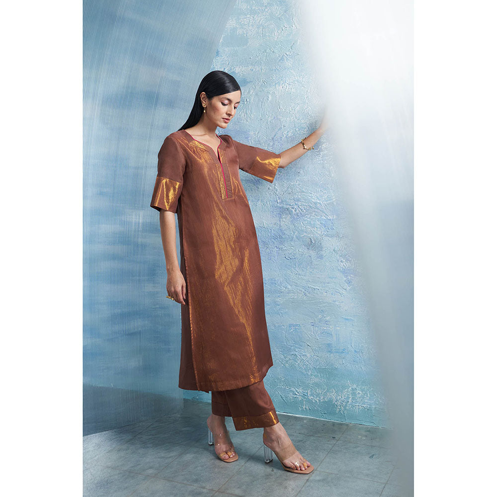 Charkhee Woody Brown A-Line Kurta with Palazzo and Dupatta (Set of 3)