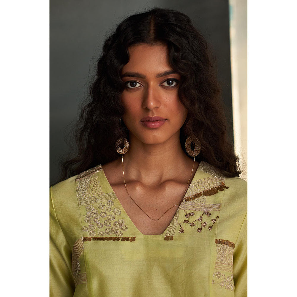 Charkhee Lime Green Mis'R Embroidered Straight Kurta with Pant and Dupatta (Set of 3)