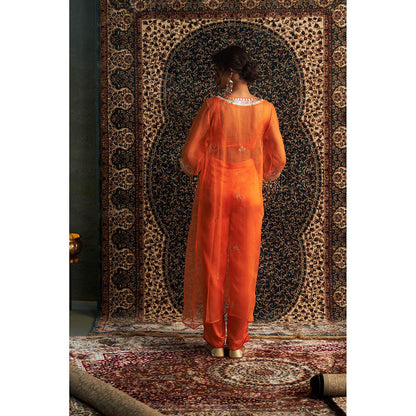 Charkhee Orange Saffron Embroidered V Neck Kurta with Bustier and Pant (Set of 3)