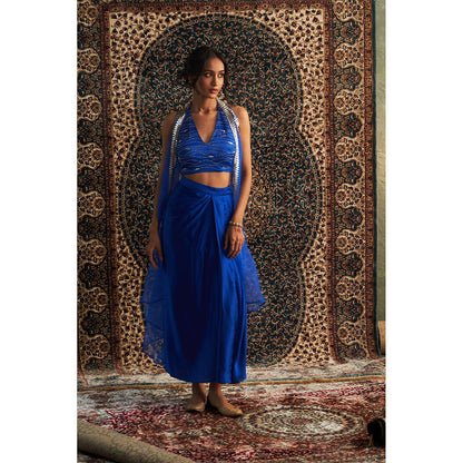 Charkhee Blue Prarambh Embroidered Cape with Bustier and Draped Skirt (Set of 3)