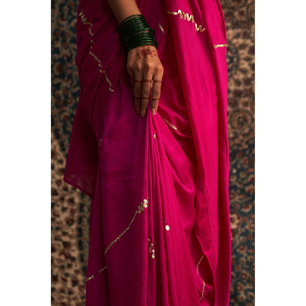 Charkhee Pink Prarambh Embroidered Chanderi Saree with Stitched Blouse