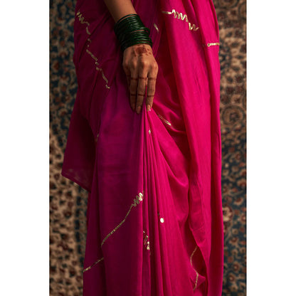 Charkhee Pink Prarambh Embroidered Chanderi Saree with Stitched Blouse