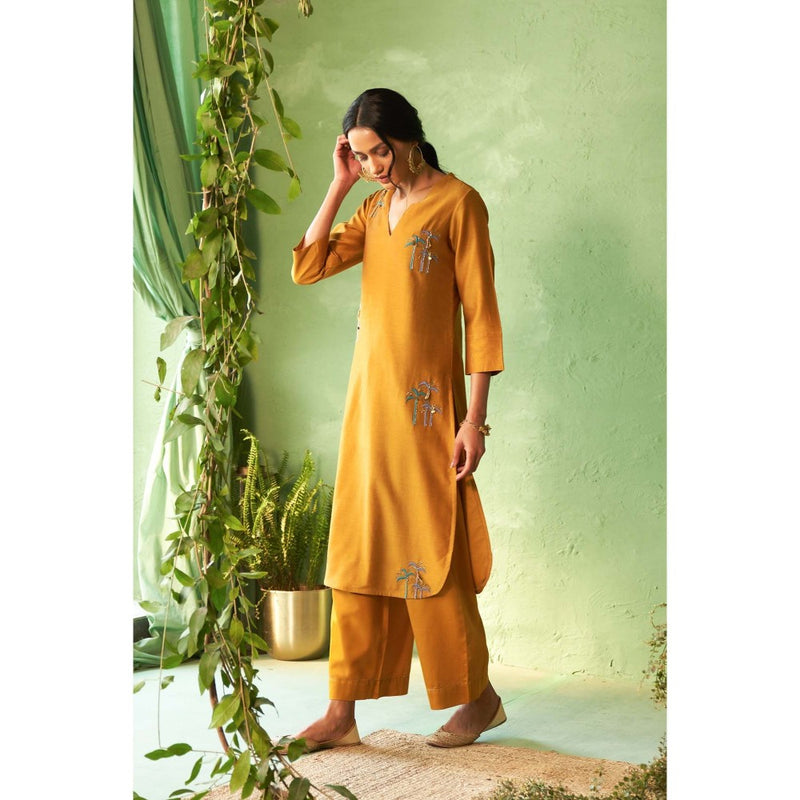 Charkhee Mustard Kinaara Kurta with Pant and Dupatta