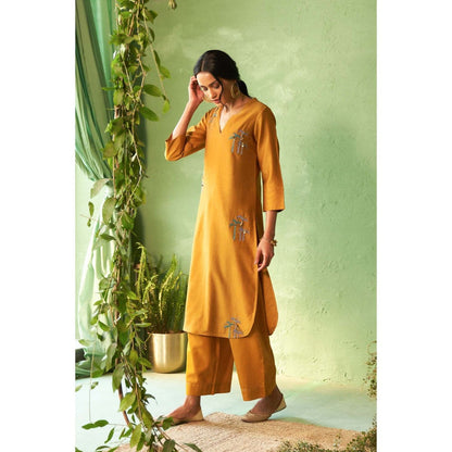 Charkhee Mustard Kinaara Kurta with Pant and Dupatta
