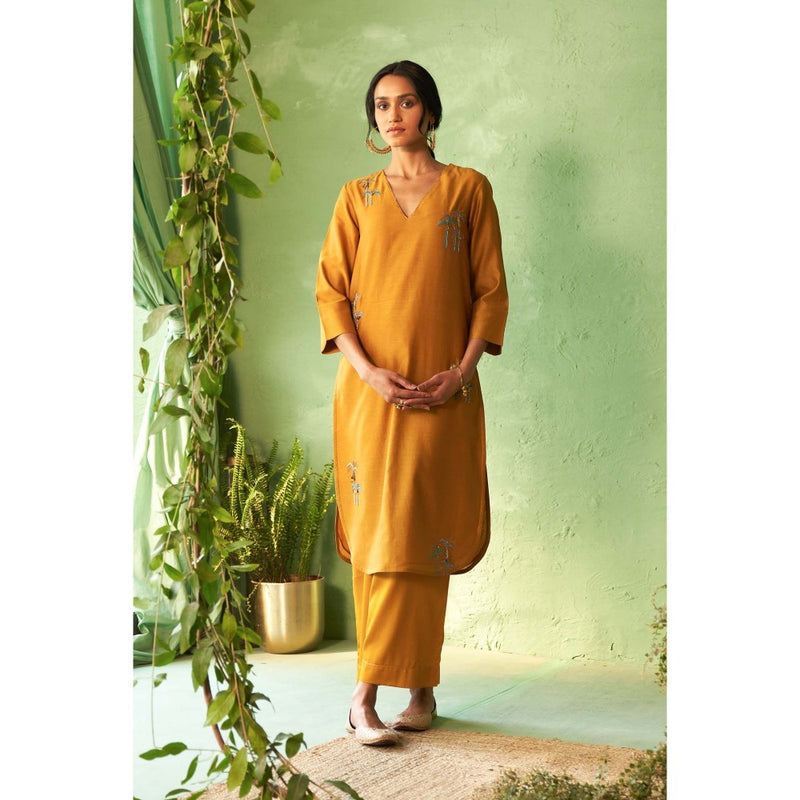 Charkhee Mustard Kinaara Kurta with Pant and Dupatta