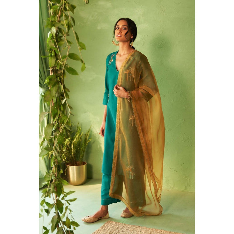 Charkhee Teal Kinaara Kurta with Pant and Dupatta