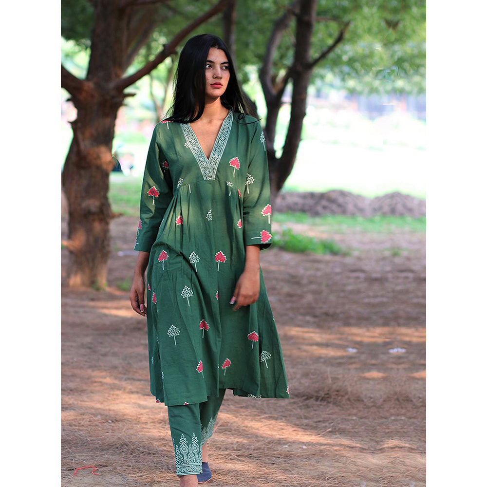 Chidiyaa Green Cotton Kurti, Pant (Set of )