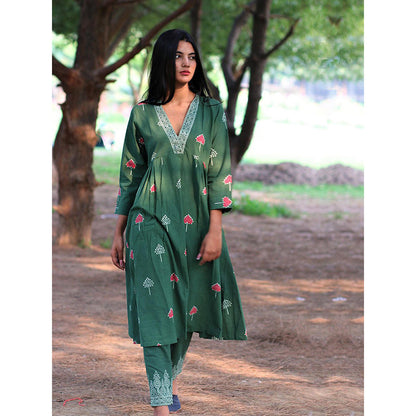 Chidiyaa Green Cotton Kurti, Pant (Set of )