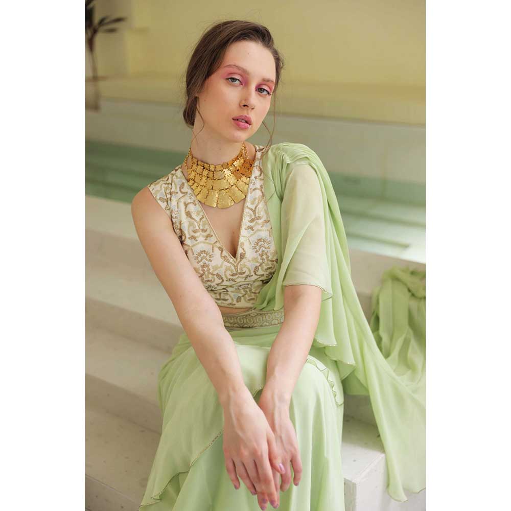 CHHAYA MEHROTRA Green Saree with Stitched Blouse