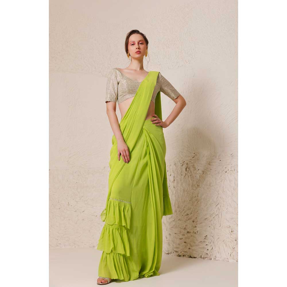 CHHAYA MEHROTRA Green Chartreuse Saree with Stitched Blouse