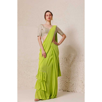 CHHAYA MEHROTRA Green Chartreuse Saree with Stitched Blouse