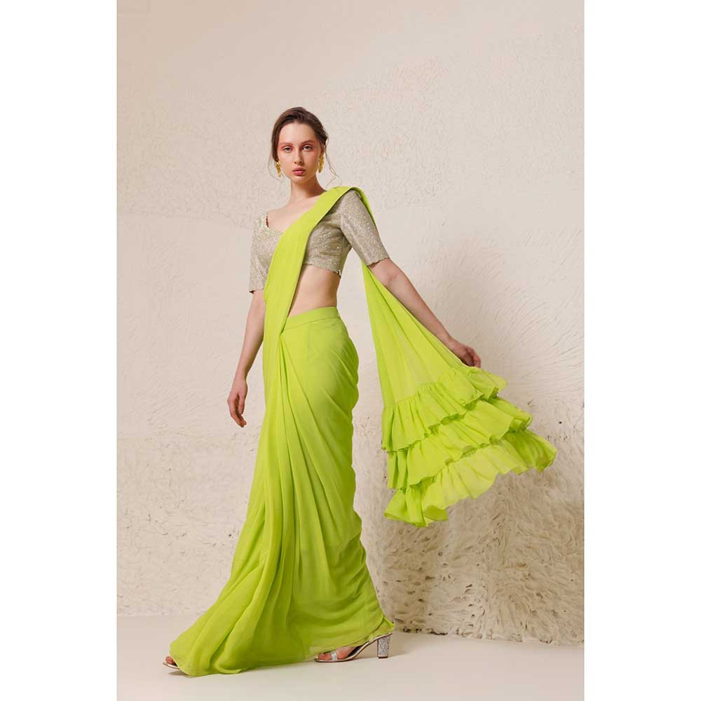 CHHAYA MEHROTRA Green Chartreuse Saree with Stitched Blouse