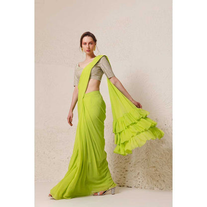 CHHAYA MEHROTRA Green Chartreuse Saree with Stitched Blouse
