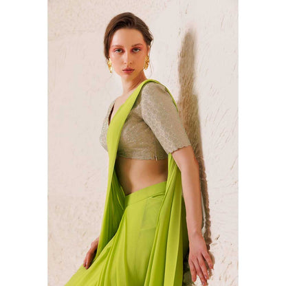 CHHAYA MEHROTRA Green Chartreuse Saree with Stitched Blouse