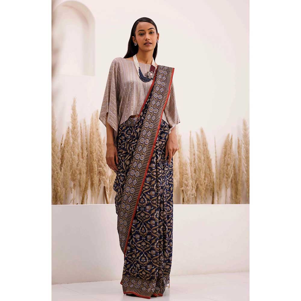 CHHAYA MEHROTRA Blue Aparaajita Saree with Stitched Blouse
