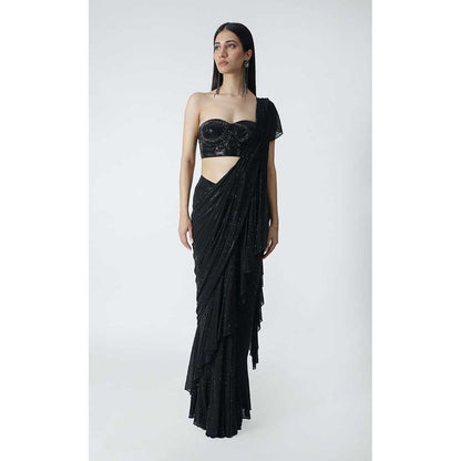 CHHAYA MEHROTRA Black Alya Pre-Draped Saree with Bustier