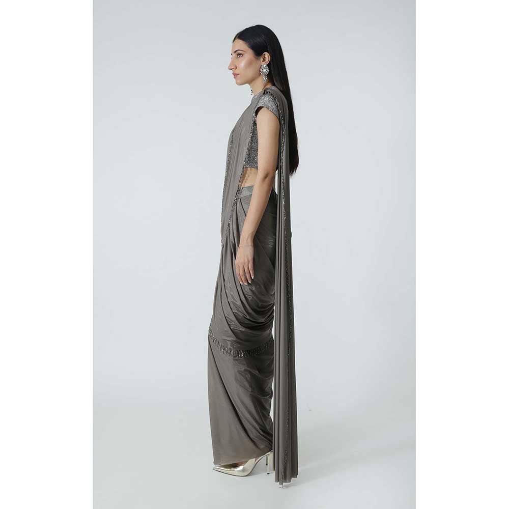 CHHAYA MEHROTRA Brown Selena Pre-Draped Saree with Stitched Blouse