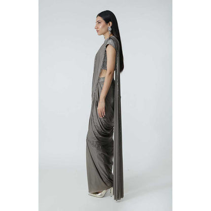 CHHAYA MEHROTRA Brown Selena Pre-Draped Saree with Stitched Blouse