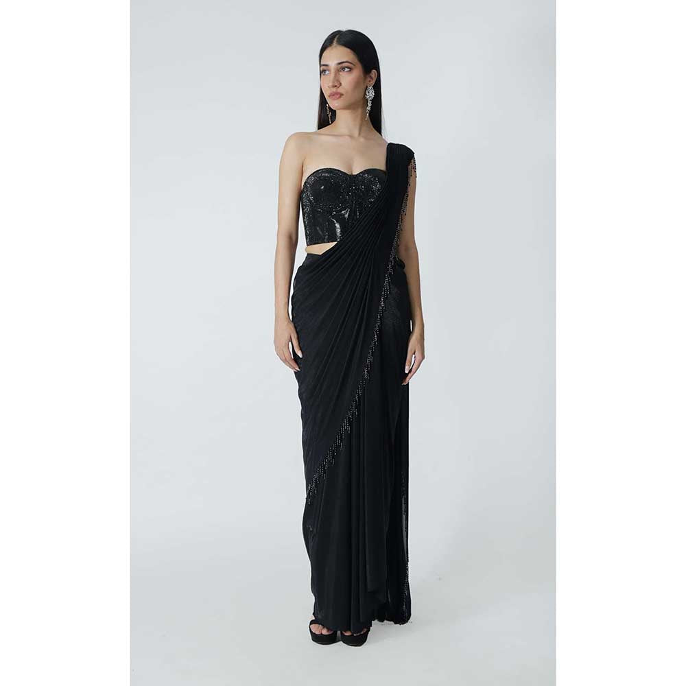 CHHAYA MEHROTRA Black Ayla Pre-Draped Saree with Stitched Blouse