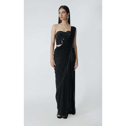 CHHAYA MEHROTRA Black Ayla Pre-Draped Saree with Stitched Blouse