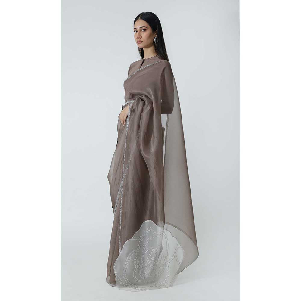 CHHAYA MEHROTRA Brown Celeste Saree with Stitched Blouse and Belt