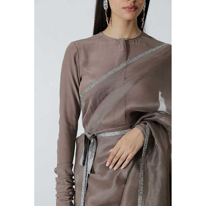 CHHAYA MEHROTRA Brown Celeste Saree with Stitched Blouse and Belt