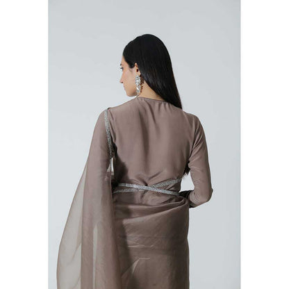 CHHAYA MEHROTRA Brown Celeste Saree with Stitched Blouse and Belt