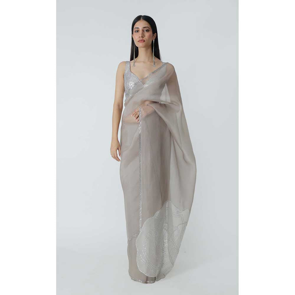 CHHAYA MEHROTRA Silver Leilani Saree with Stitched Blouse
