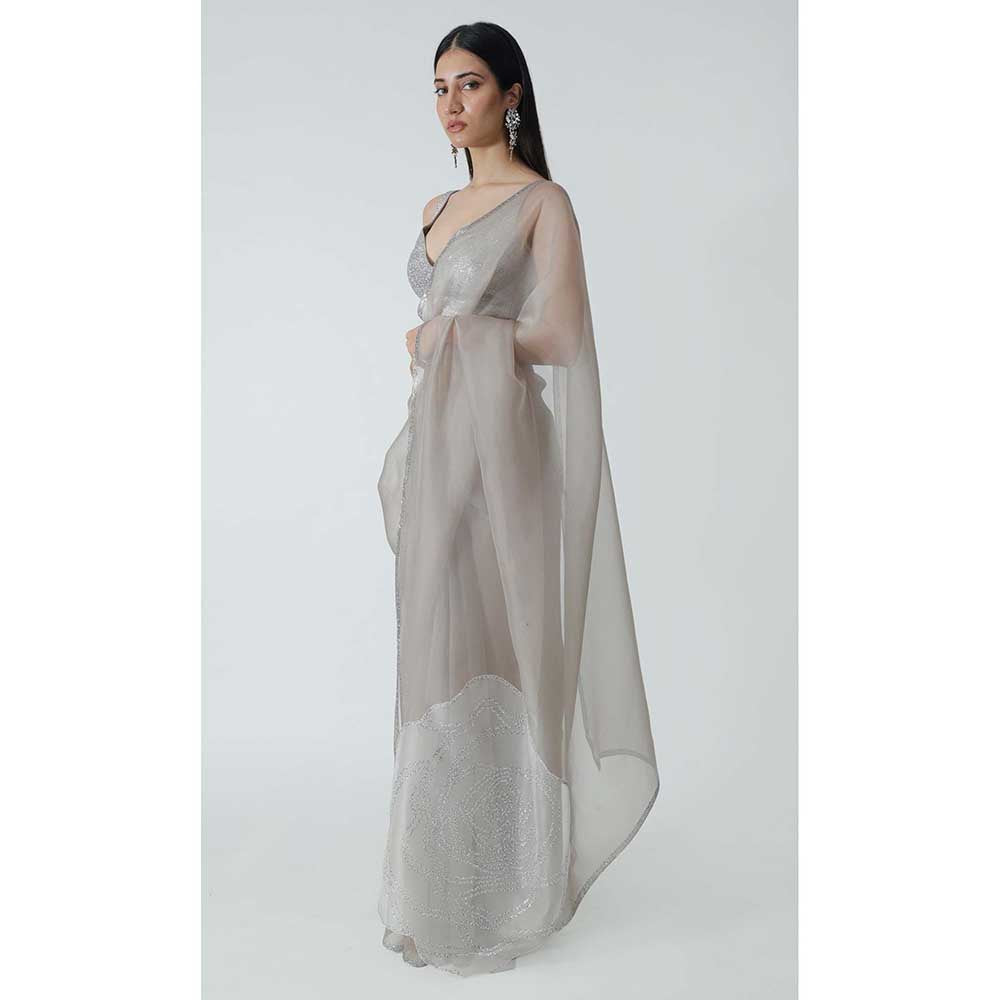 CHHAYA MEHROTRA Silver Leilani Saree with Stitched Blouse