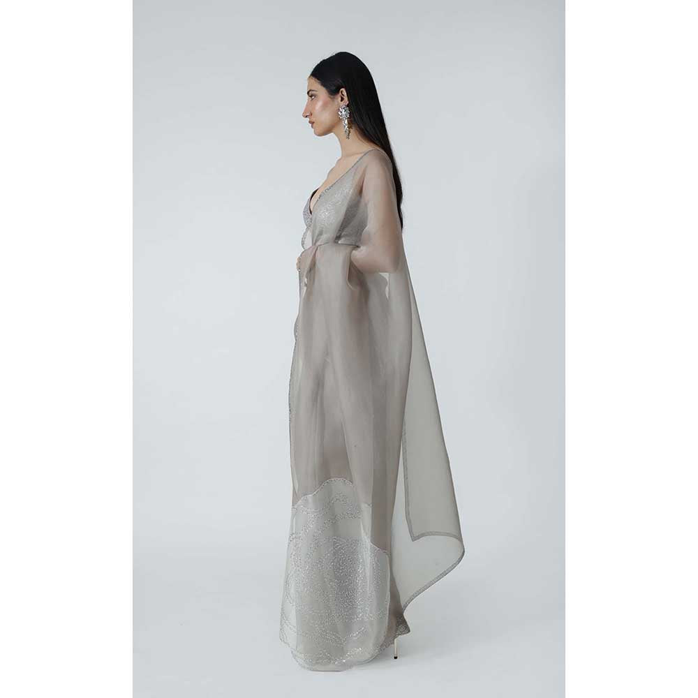 CHHAYA MEHROTRA Silver Leilani Saree with Stitched Blouse