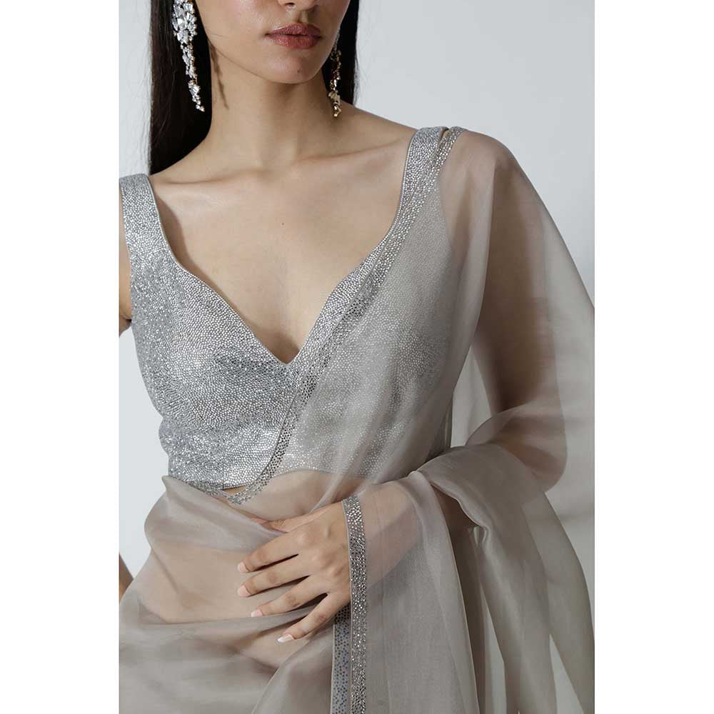 CHHAYA MEHROTRA Silver Leilani Saree with Stitched Blouse