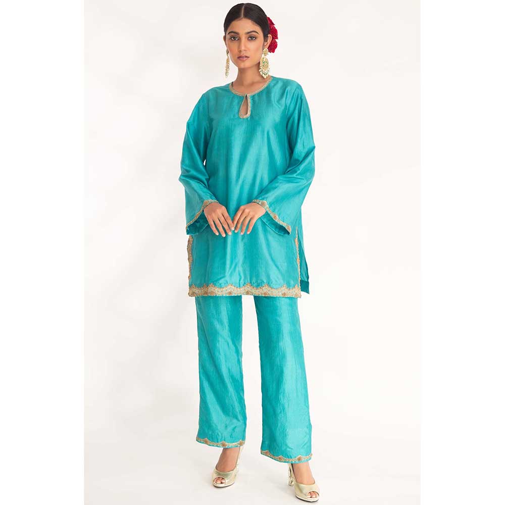 CHHAYA MEHROTRA Turquoise Lekha Kurti with Pant (Set of 2)