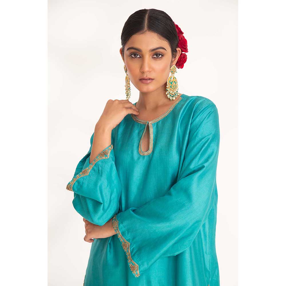 CHHAYA MEHROTRA Turquoise Lekha Kurti with Pant (Set of 2)