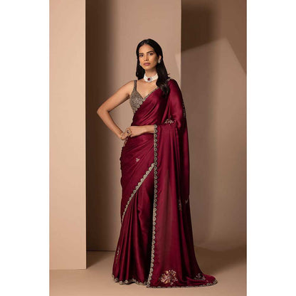 CHHAYA MEHROTRA Maroon Adnaita Saree with Stitched Blouse
