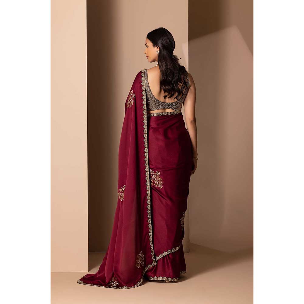 CHHAYA MEHROTRA Maroon Adnaita Saree with Stitched Blouse