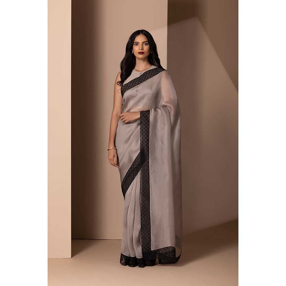CHHAYA MEHROTRA Taupe Saanjh Saree with Stitched Blouse