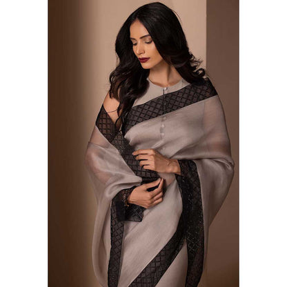 CHHAYA MEHROTRA Taupe Saanjh Saree with Stitched Blouse