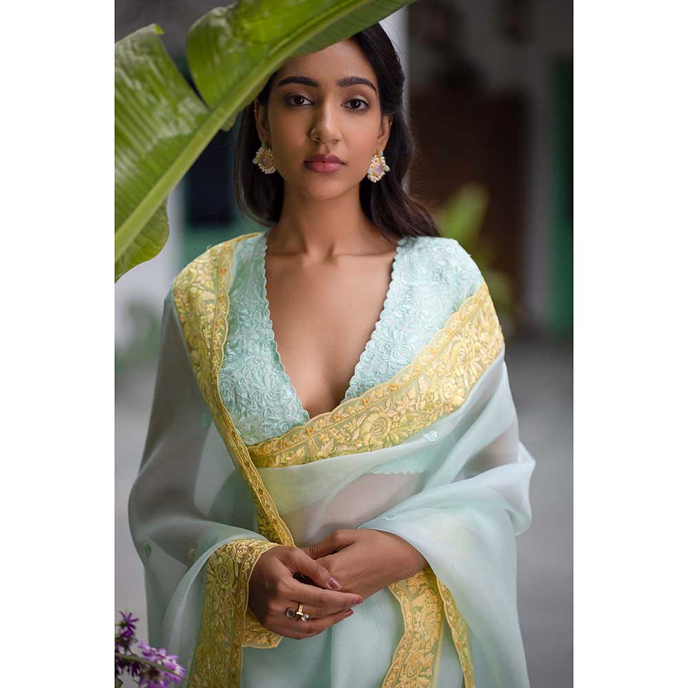 CHHAYA MEHROTRA Aqua Arya Saree with Stitched Blouse