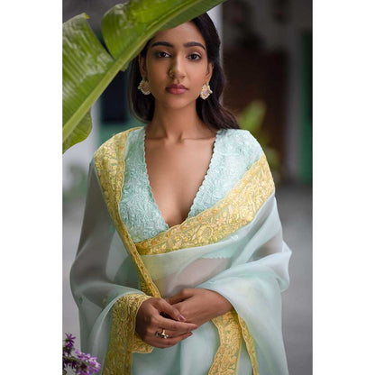 CHHAYA MEHROTRA Aqua Arya Saree with Stitched Blouse