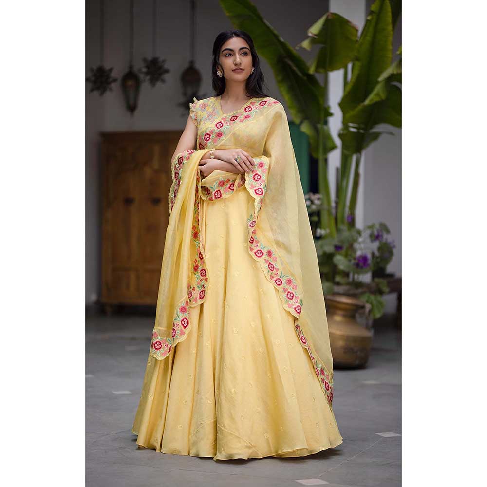CHHAYA MEHROTRA Yellow Sunehri Lehenga with Blouse and Dupatta (Set of 3)