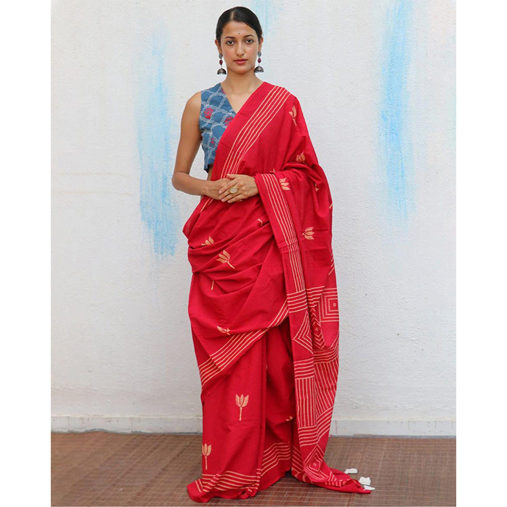 Chidiyaa Crimson Cotton Saree Fmtm with Unstitched Blouse