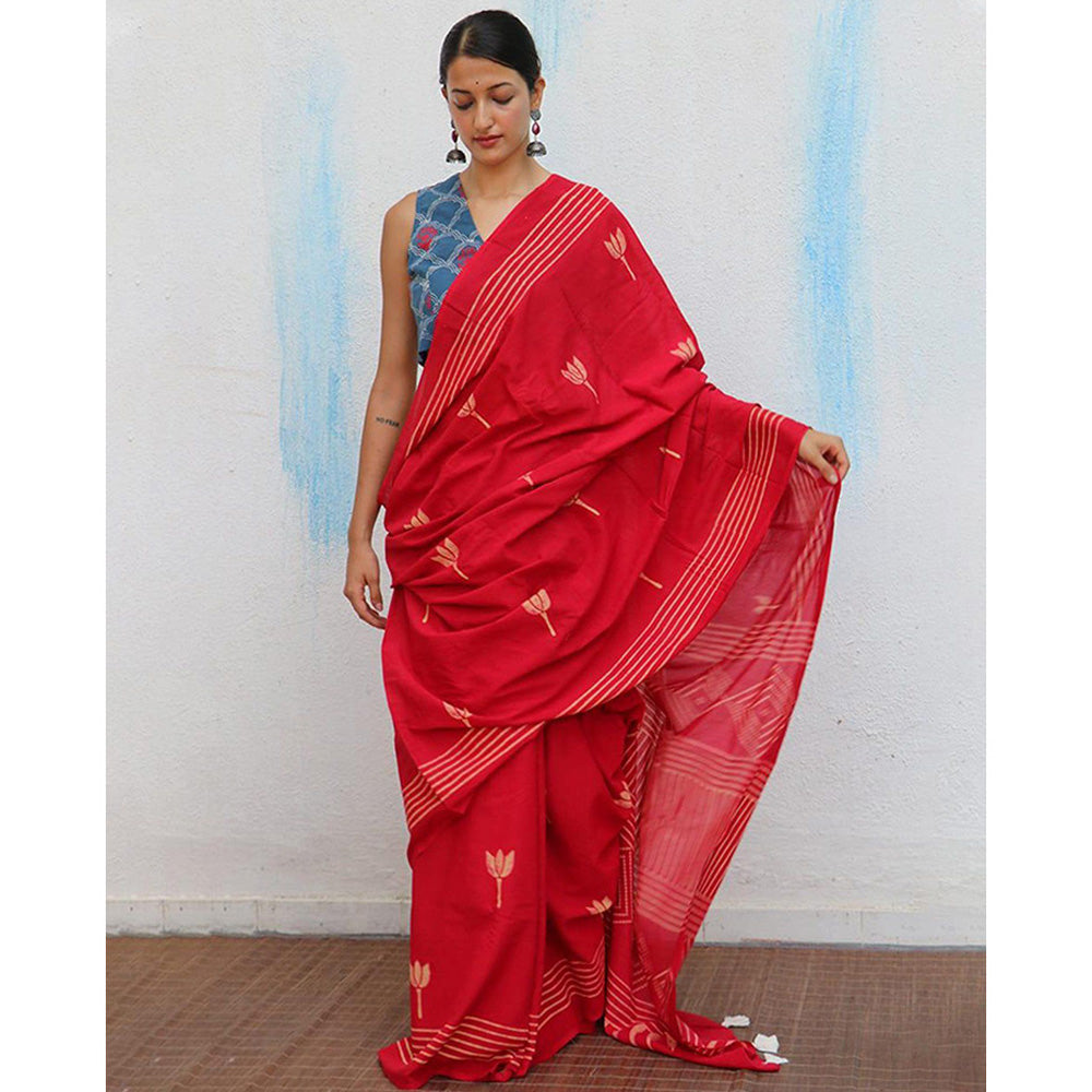 Chidiyaa Crimson Cotton Saree Fmtm with Unstitched Blouse
